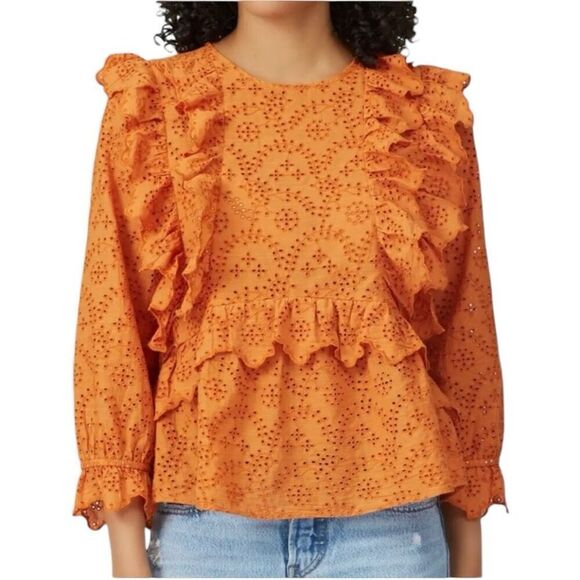 The GREAT. Eyelet Ruffle Flutter 3/4 Sleeve Top  Spice Orange Size 2 M Peasant - Picture 1 of 15